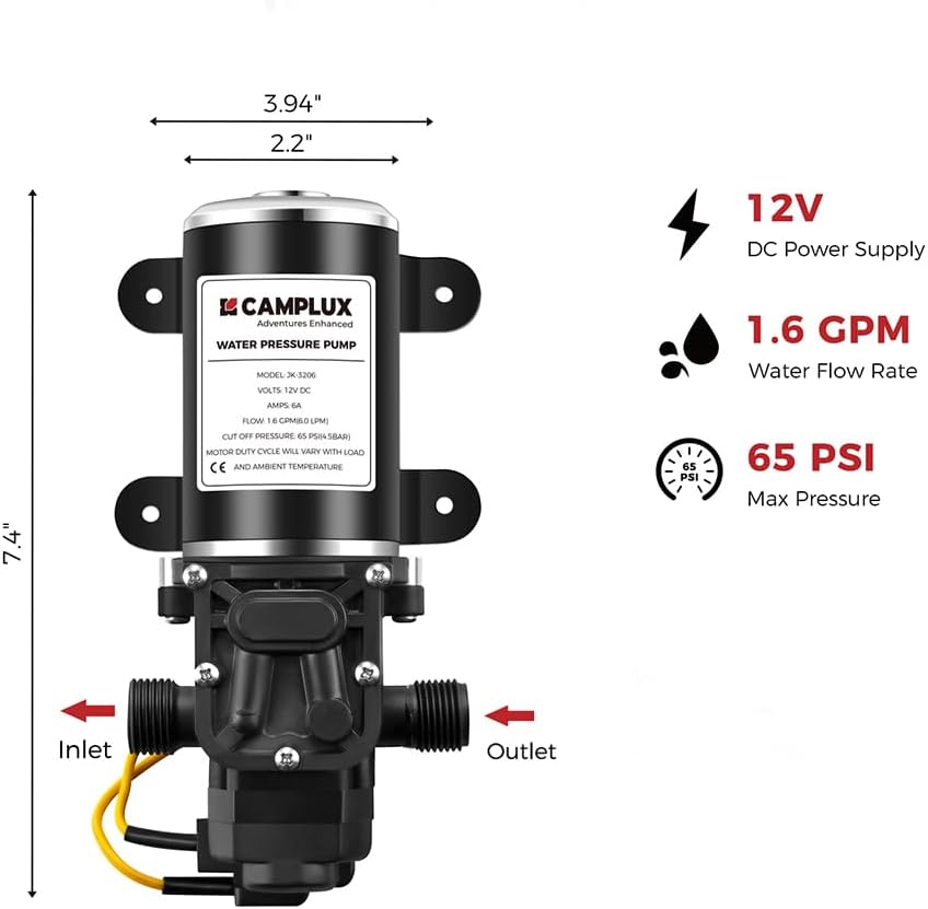 CAMPLUX DC 12V Water Pump, Self-Priming, 1.6 GPM Diaphragm Pump 65 PSI for RV Marine Yacht Camping