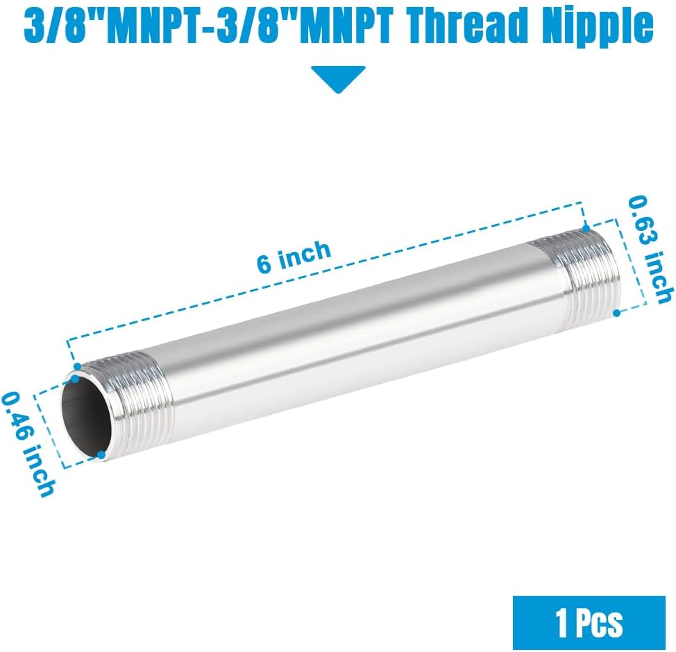 Quickun 304 Stainless Steel Nipple Pipe Fitting, 3/8" NPT x 3/8" NPT Male Malleable Nipple Cast Pipe 6" Length