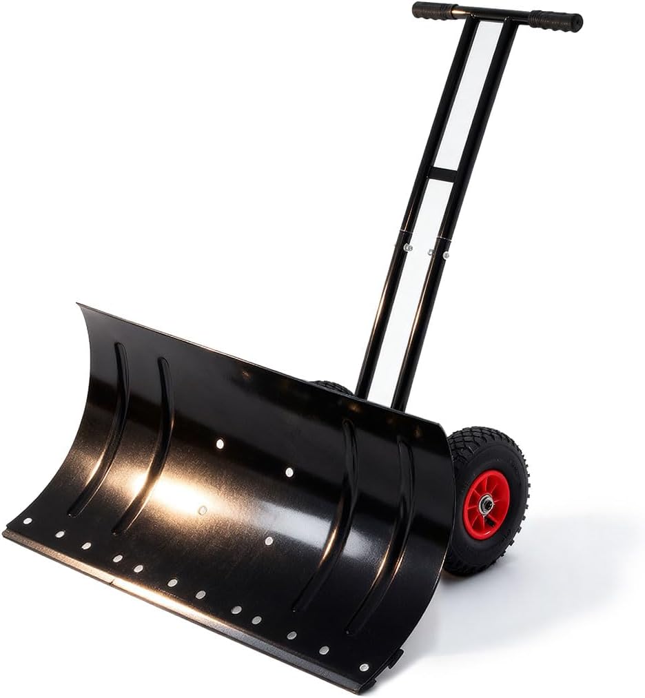 Heavy-Duty Snow Shovel with Wheels, 30" Wide Metal Snow Pusher with Adjustable Height & Angle Handle, Carbon Steel