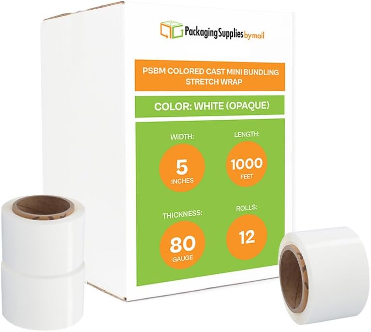 PSBM Dark White Mini Stretch Wrap with Plastic Handle 5" x 1000' 12 Rolls