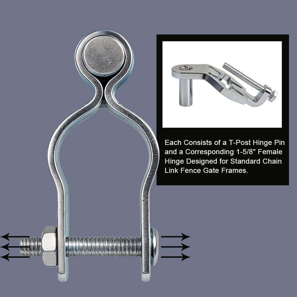 T Post Gate Hinge Kit, 2-Pack Heavy Duty Hot-Dip Galvanized Steel Hinge Pins with 1-5/8" Female Hinges, 200 Degree