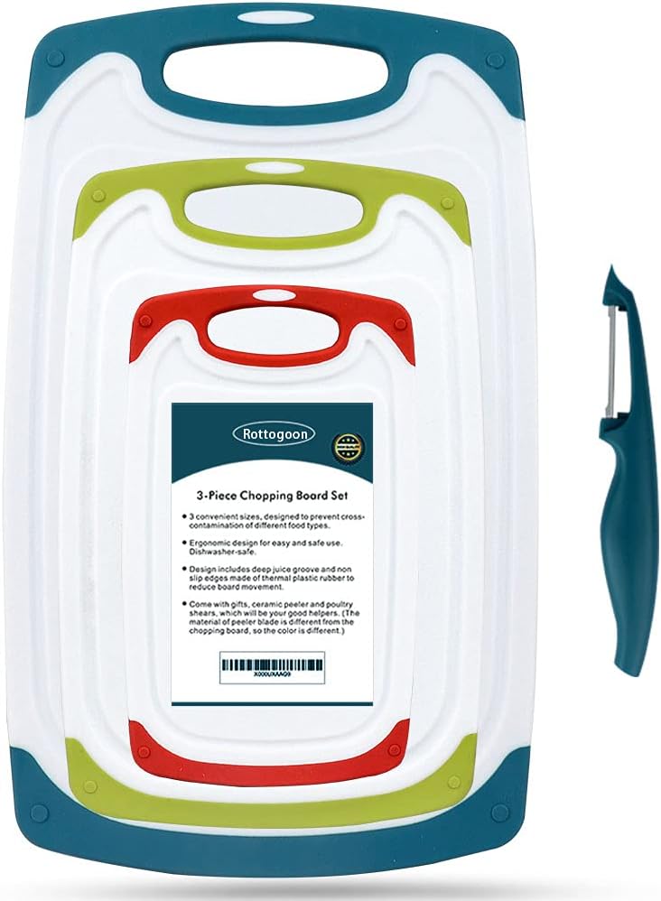 Cutting Boards for Kitchen, Plastic Chopping Board Set of 4 with Non-Slip Feet and Deep Drip Juice Groove, Easy Grip