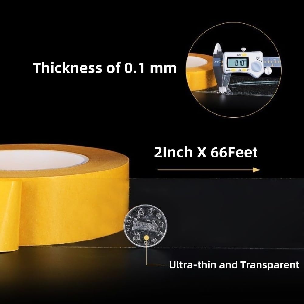 Ultra Thin Double Sided Tape Heavy Duty ,2" x 66FT(20m) - 0.125mm Thick Clear Strong Adhesive Two Sided Stick Tape