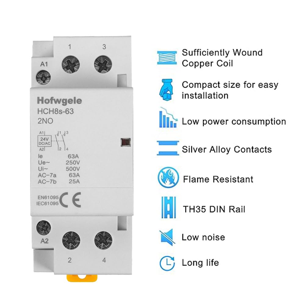 Hofwgele HCH8s-63 DC Contactor 24V Coil 63A 2NO 2 Pole Universal Circuit Control Automatic Modular Contactor Household Circuit Control Din Rail Mount 2Pole 24V DC Coil contactor