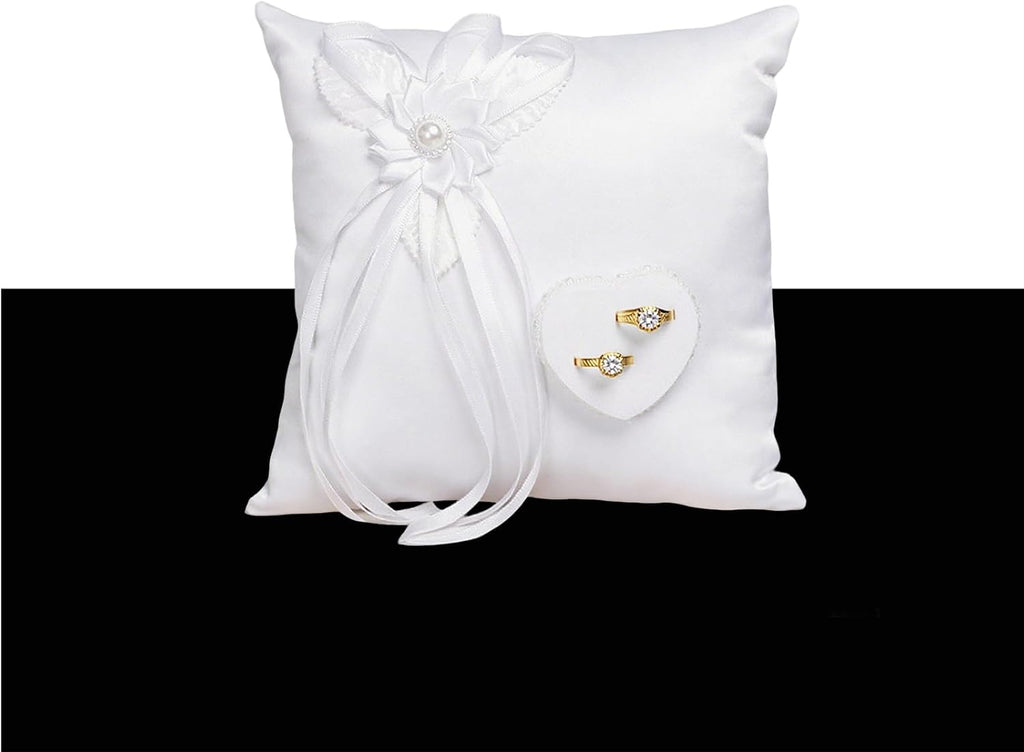 Wedding Ring Bearer Pillow, Ring Cushion White Lace Floral Bow and Heart Ring Holder Box for Wedding Ceremony 7.8 x