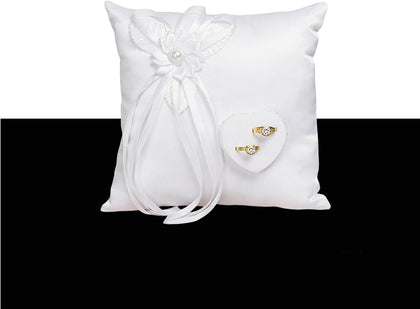 Wedding Ring Bearer Pillow, Ring Cushion White Lace Floral Bow and Heart Ring Holder Box for Wedding Ceremony 7.8 x