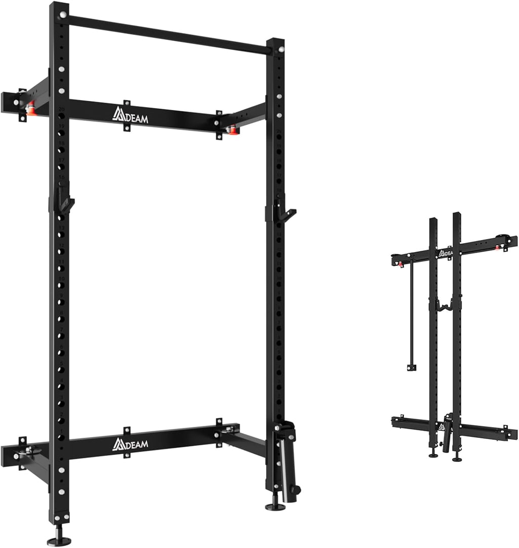 Folding Squat Rack,2.36"x2.36" Wall Mounted Power Rack for Home Gym | Foldable Space-Saving,Heavy-Duty 1000LBS