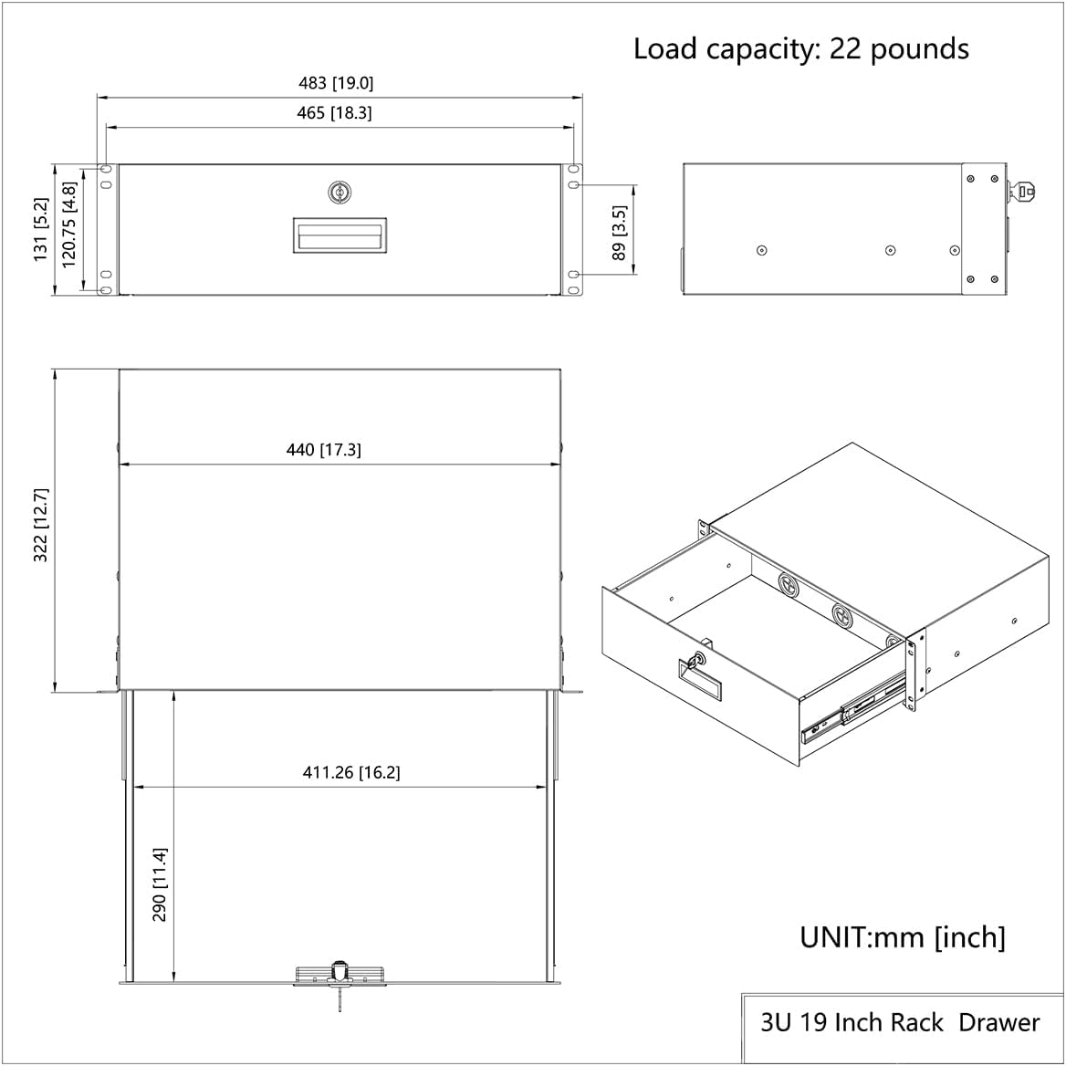 3U Server Cabinet Case 19" Rack Mount Lockable Drawer with Key