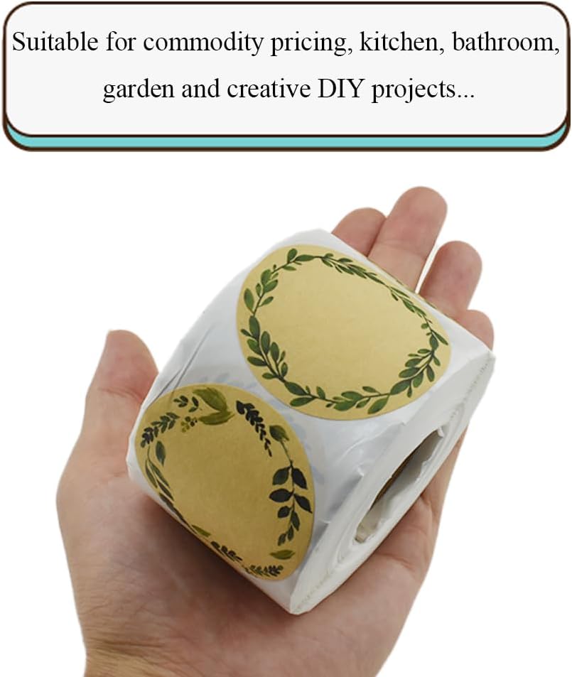 2In 500P Round Natural Brown Kraft Stickers with Green Leaf Wreath Design - 4 Unique Styles Blank Kraft Labels Roll