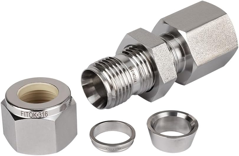 316 Stainless Steel Bulkhead Connector 1/2" Tube OD x 3/8" Female NPT Compression Fitting 5300 psi, SS-BCF-FL8-NS6