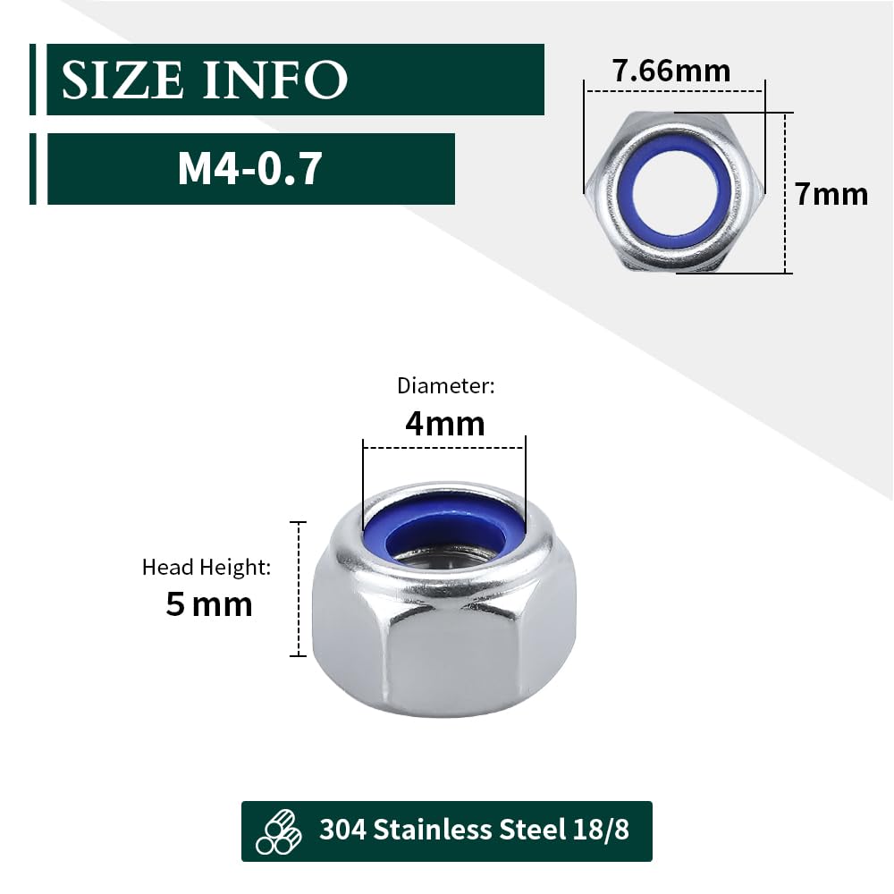 M4-0.7 (100 pcs) Nylon Insert Hex Lock Nuts 304 Stainless Steel 18-8 Locknut, Bright Finish, DIN985