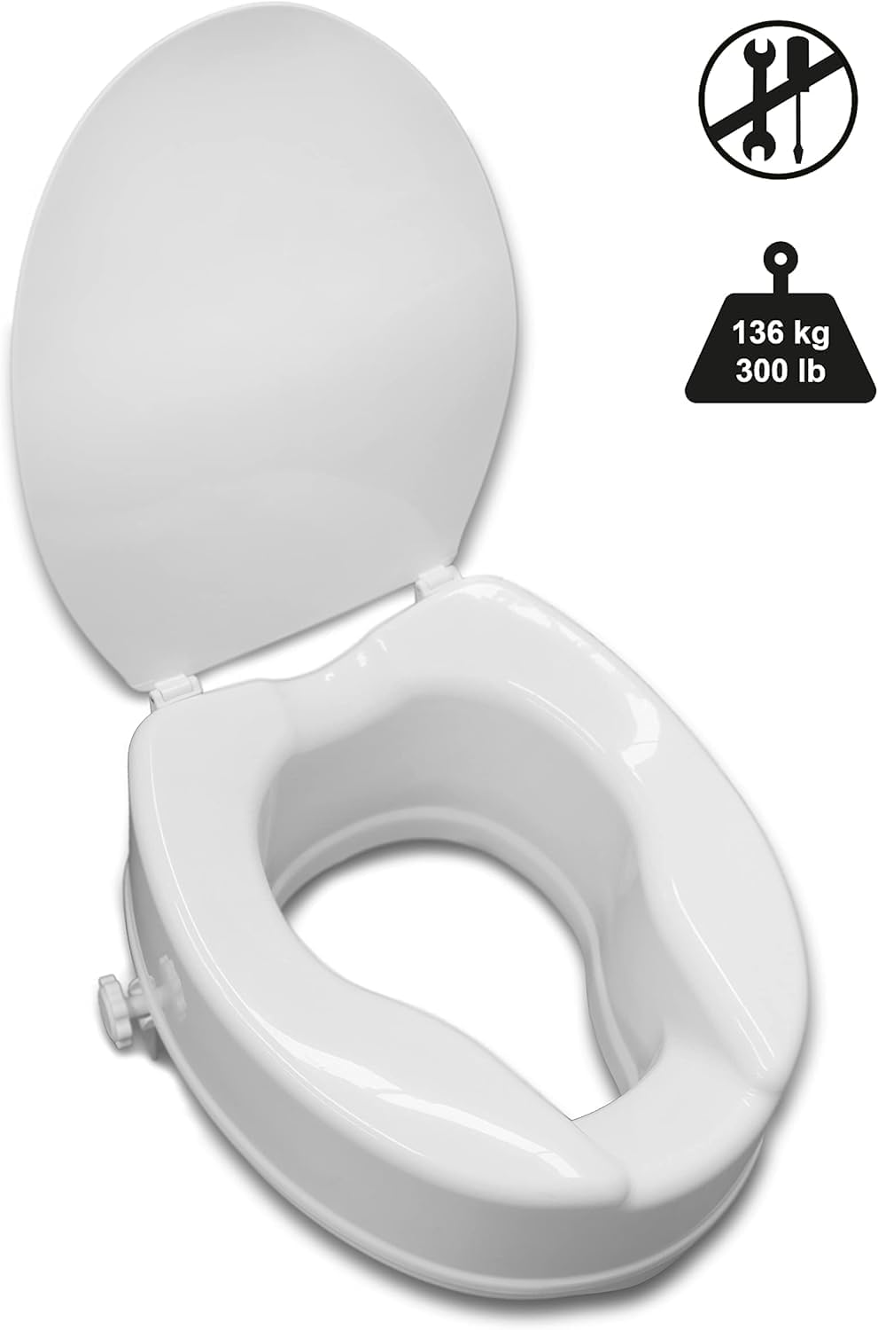 Raised Toilet Seat with Lid for Elderly 4" High, Fits Round and Elongated up to 15" Wide, Commode Seat with Sturdy