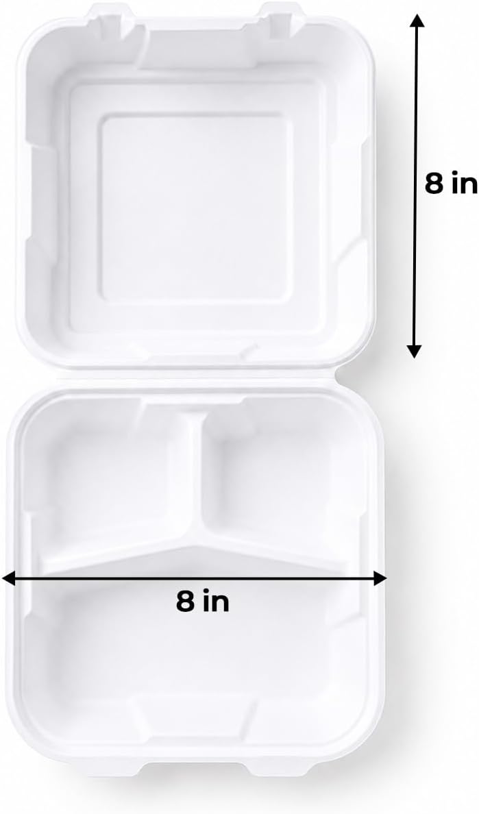 . 8x8'' Compostable 3-Compartment Takeout Containers,100 Pack, Eco-Friendly Biodegradable To Go Boxes, Heavy-Duty