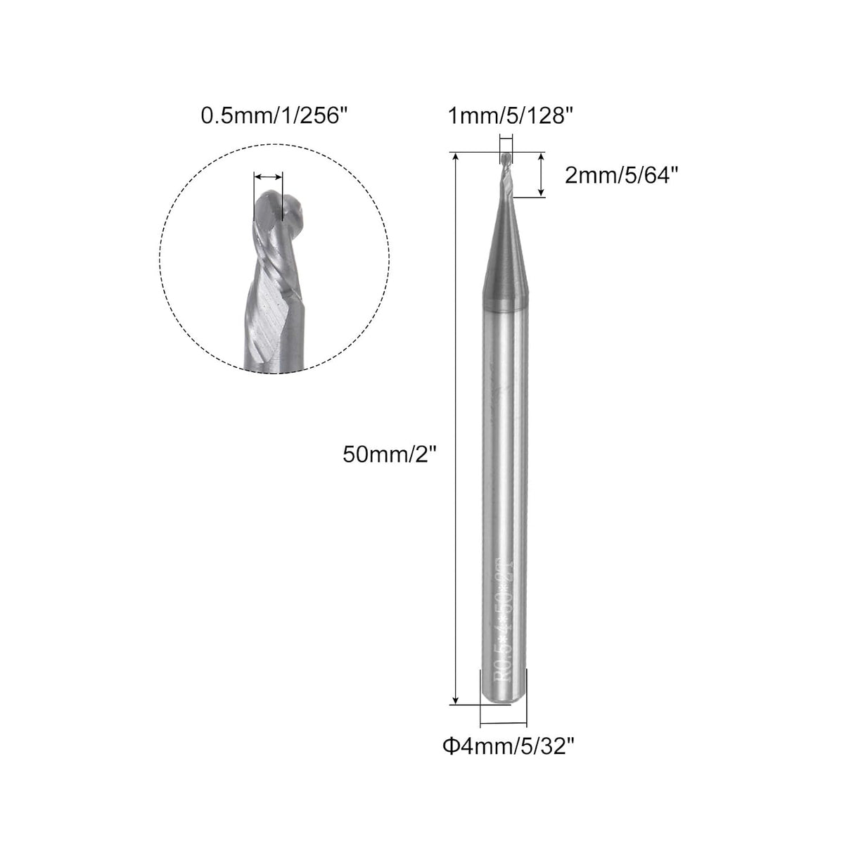 uxcell 2pcs Ball Nose End Mills CNC Router Bits, 0.5mm (5/256") Radius Solid Carbide AlTiN Coated 2 Flutes HRC45 1mm (5/128") Diameter 4mm (5/32") Shank Cutter Milling Tools