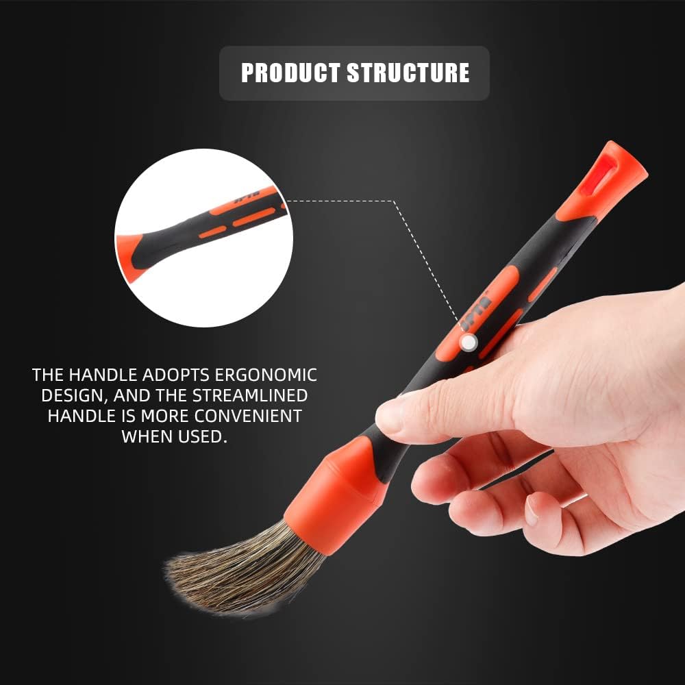 Car Detailing Brush Set, 5 Pack Soft Boar Hair Auto Detail Brush Kit with Elbow for Automotive Elegant Surface