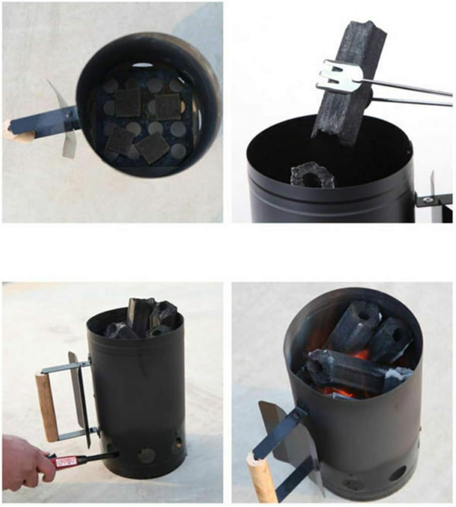 Charcoal Chimney Starter for Outdoor Cooking Barbecue BBQ Quick Rapid Fire Briquette Starters Can Black with Wooden
