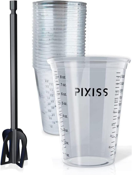 Resin Mixer Epoxy Mixer Paddles - 20 Graduated Mixing Cups & Reusable Pixiss Multipurpose Bidirectional Paint Stirrer