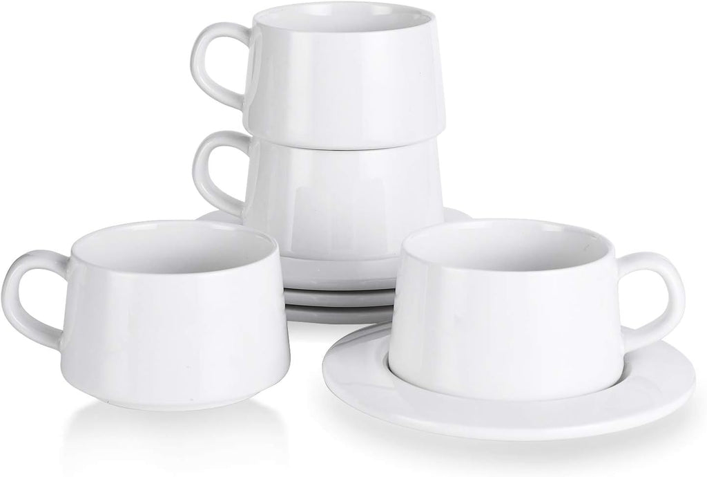 Porcelain Stackable Cappuccino Cups with Saucers - 8 Ounce for Specialty Coffee Drinks, Cappuccino, Latte, Americano