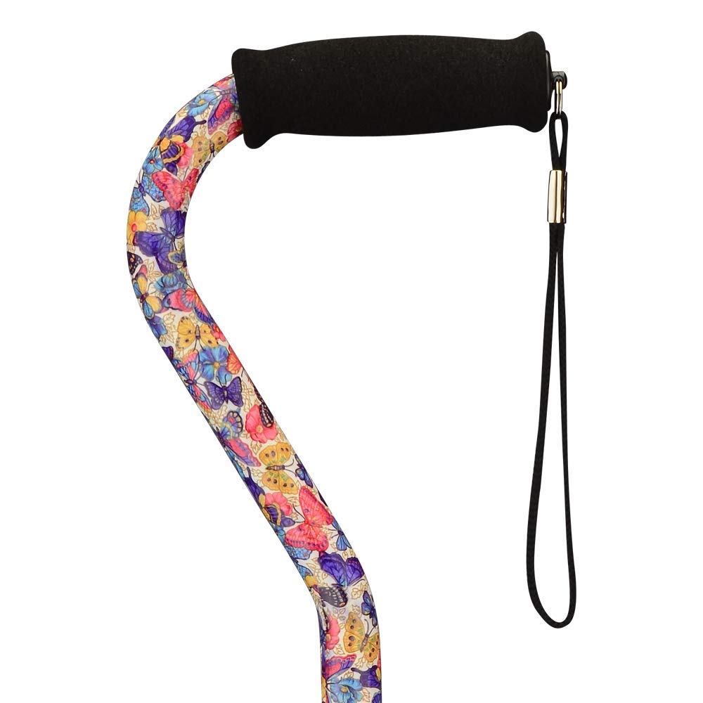 Joy Designer Offset Quad Cane for Seniors - Unisex Adjustable Lightweight Walking Aid with Foam Handle, Wrist Strap