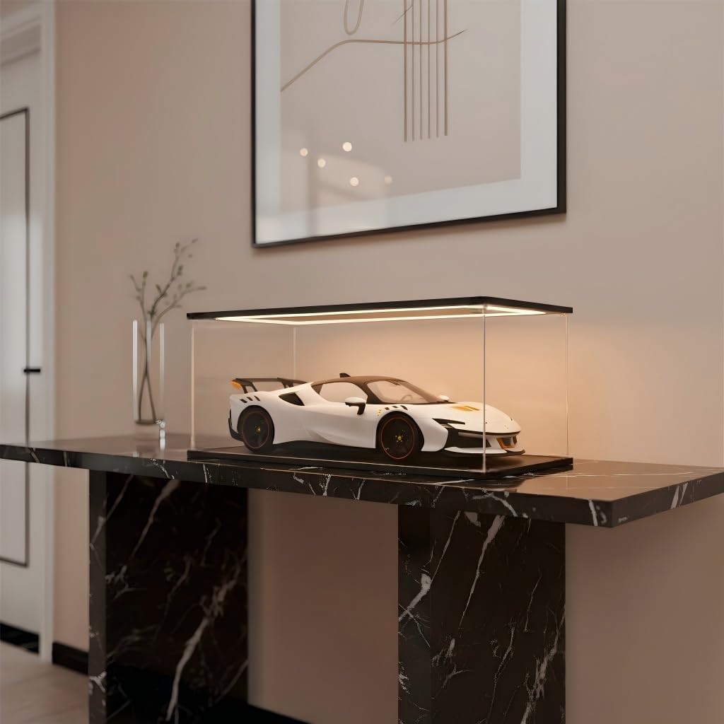 Clear Acrylic Display Case with LED Lights,Dustproof Showcase Display Box for 1/8,1/12, 1/18,Scale Diecast Model