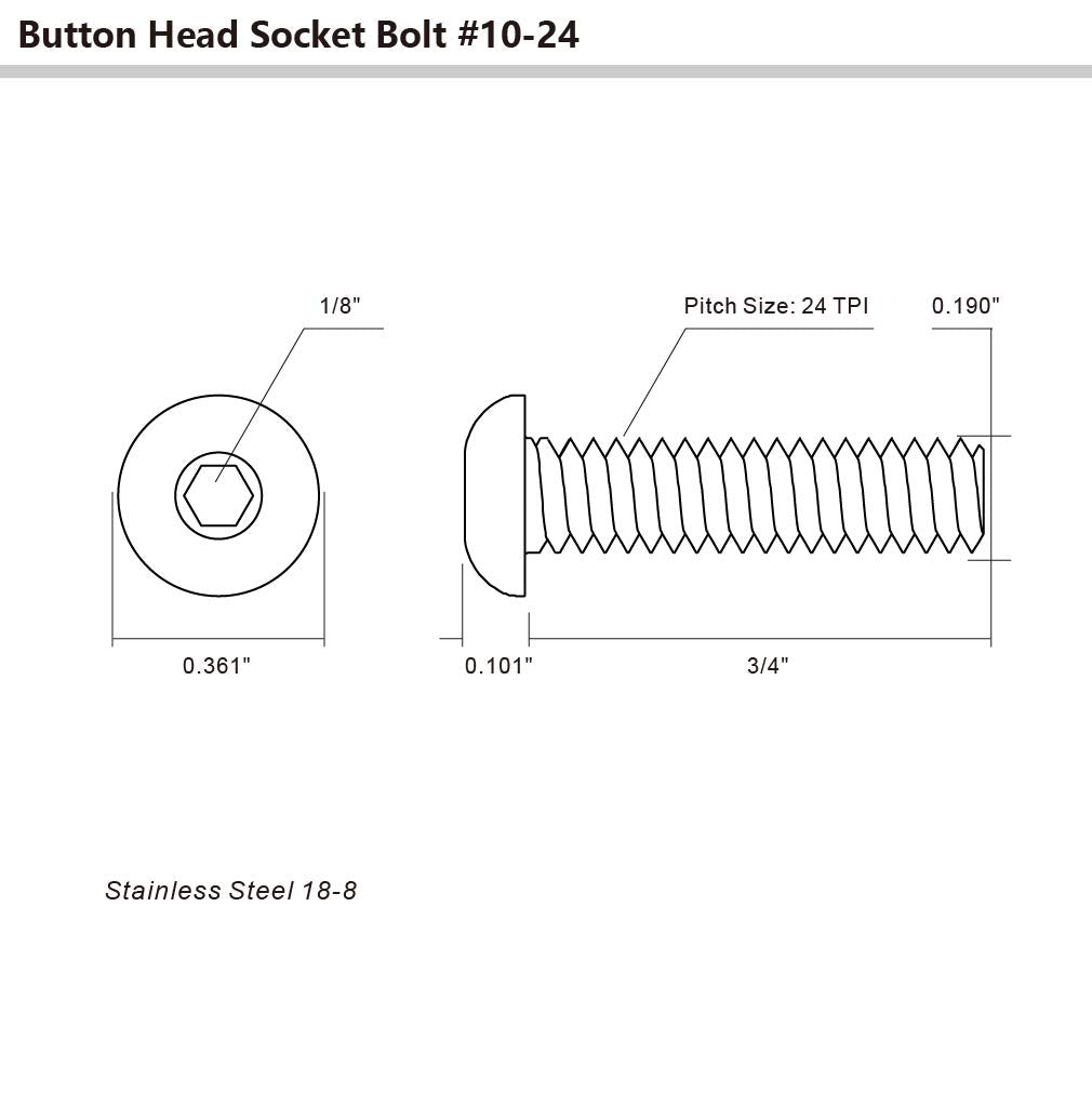 10-24 x 3/4" Button Head Socket Cap Bolts Screws, 50 PCS