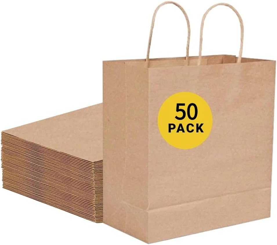 Brown Paper Bags with Handles Bulk, 13x7x14 Inch, 50 Pack