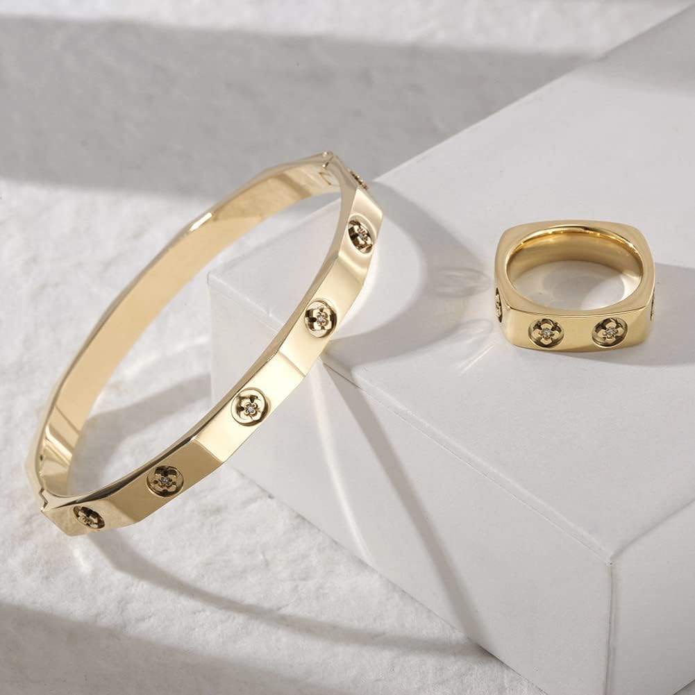14K Gold Filled Floral Engraved Bangle Bracelet for Women, Charm Bracelet With Cubic Zirconia, 2.2” Inner Diameter