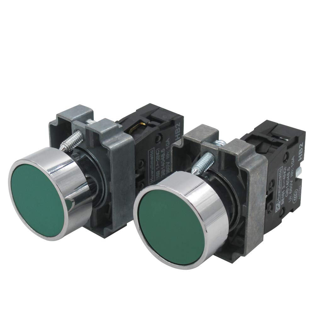 mxuteuk 2pcs 1 NO 22mm Green Momentary Push Button Switch 660V 10A SPST HB2-BA31-GG