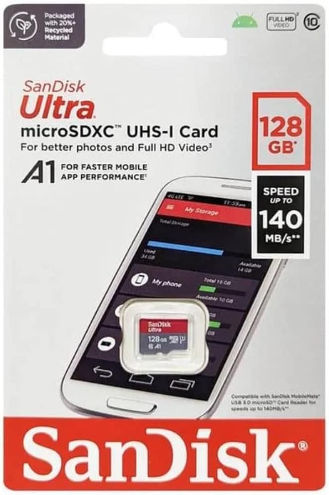128GB Ultra microSDXC UHS-I Memory Card - Up to 140 MB/s, C10, U1, Full HD, A1, Micro SD Card - SDSQUAB-128G-GN6MN