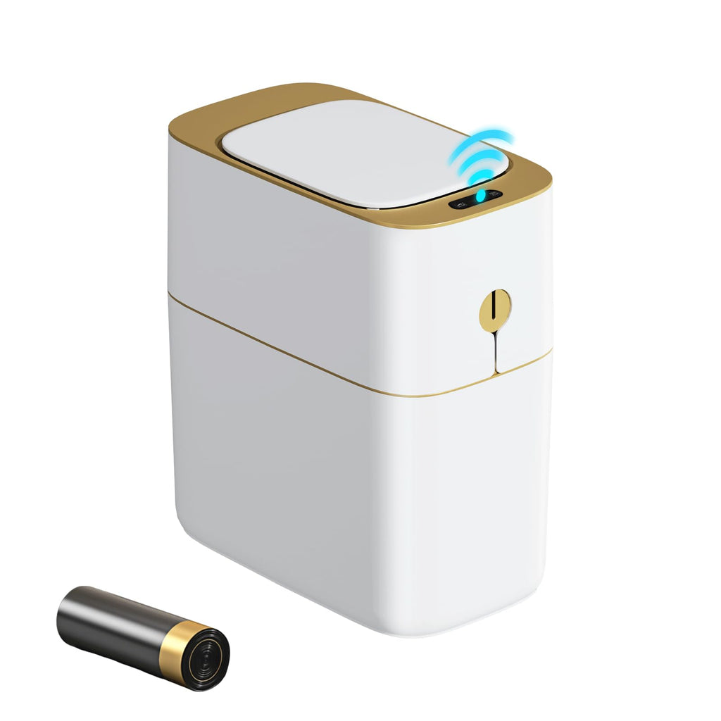 Smart Bathroom Trash Can with Lid, 3.6 Gallon Slim Motion Gold Sensor Garbage Bin with Inner Bucket, Trash Can with