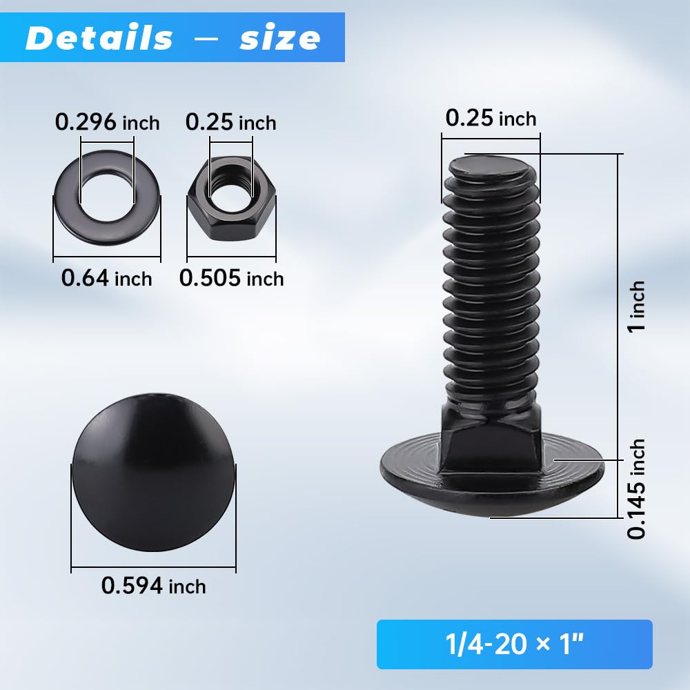 (10 Sets) 1/4-20 x 1 Stainless Steel Carriage Bolts Screws Black and Hex Nuts & Flat Washers Black, Round Head Square