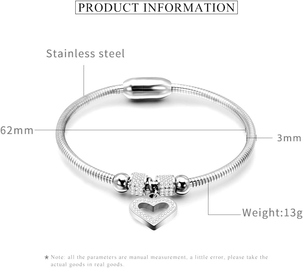 Jewelers Stainless Steel Heart Charm Cubic Zircon Anniversary Valentine Bangle Bracelet