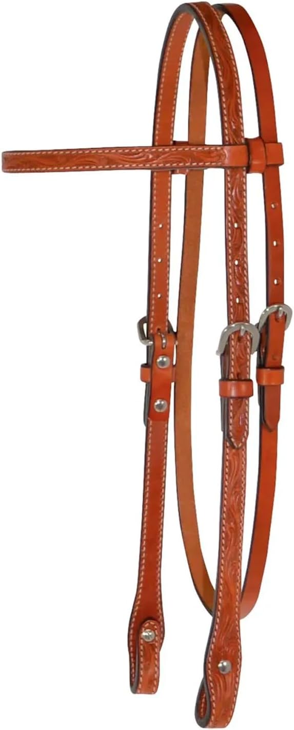 Classic Floral Tooled Browband Headstall, Durable Double-Ply Leather Western Horseback Riding Headstall w/Stainless