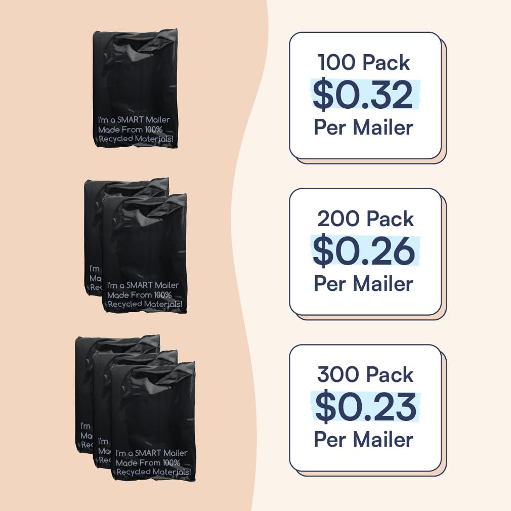 SMART 10x13 Recycled Poly Mailers - 100 Pack of Black Eco-Friendly Packaging Mailing Bags | Recyclable & Sustainable