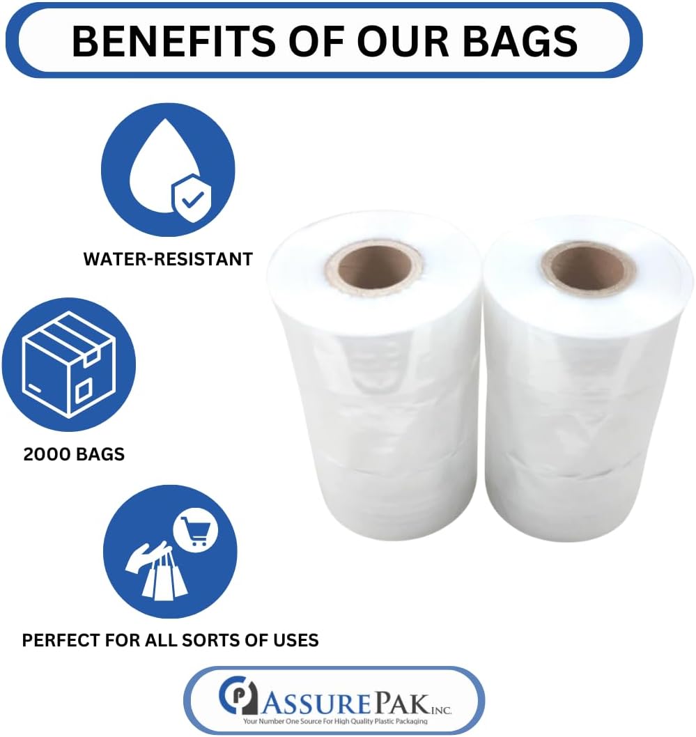Clear Poly Bags, 6" x 3" x 15", 1 Mil, 2000 Count, 8 Rolls