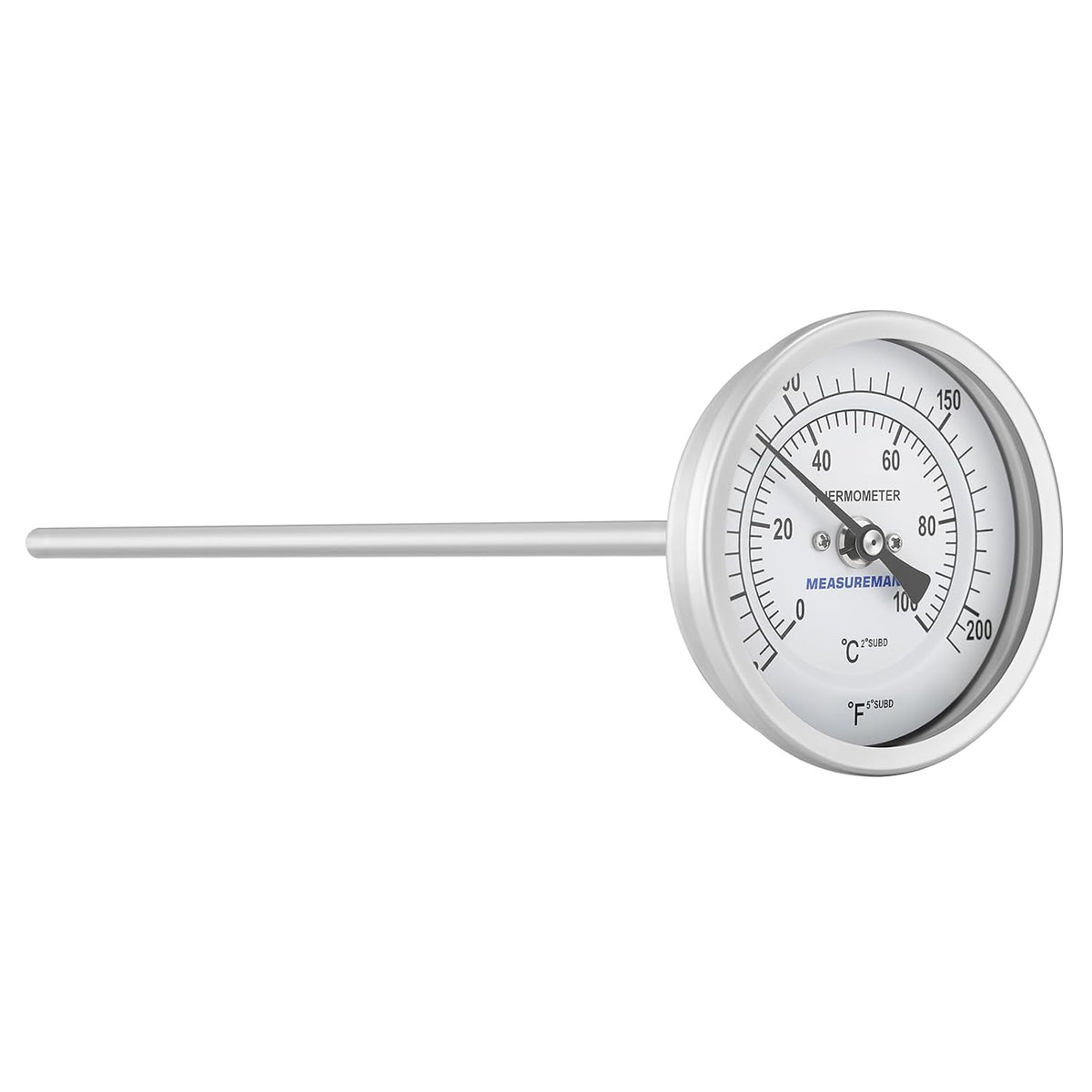 Measureman Fully Stainless Steel Bi-Metal Dial Thermometer, 3" Dial, 12" Stem, 32-212°F/0-100°C Range, +/-1% Accuracy, Adjustable, 1/2" NPT Back Mount
