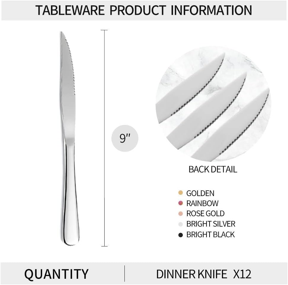 12-Piece Bright Silver Steak Knives Set, Stainless Steel