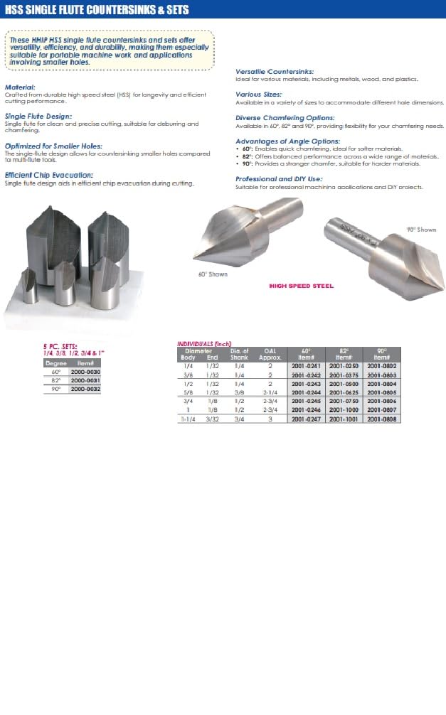 HHIP 2001-1000 1 Inch Single Flute 82 Degree HSS Countersink
