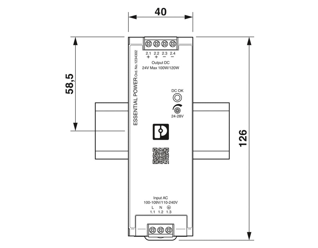 Phoenix Contact 1234302, DIN Rail Power Supply, 24VDC 5A, Adj Vout, in: 100-240VAC, PS-EE-2G/1AC/24DC/120W/SC