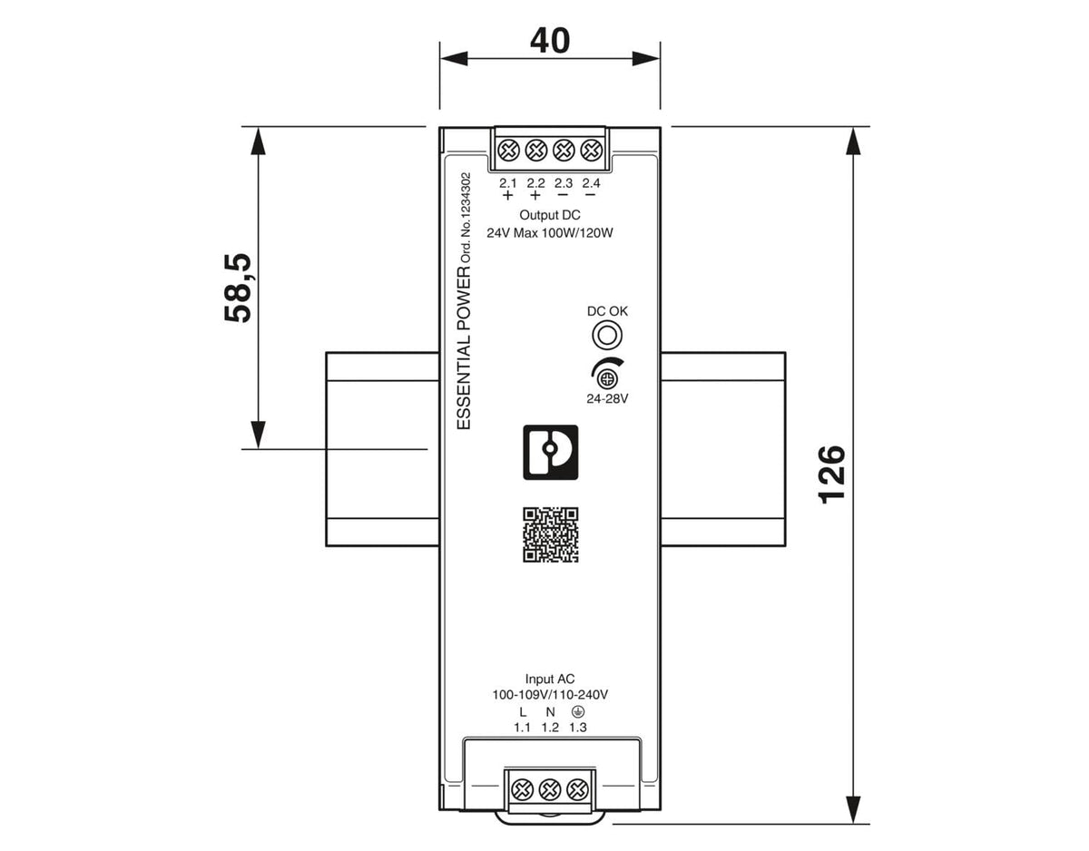 Phoenix Contact 1234302, DIN Rail Power Supply, 24VDC 5A, Adj Vout, in: 100-240VAC, PS-EE-2G/1AC/24DC/120W/SC