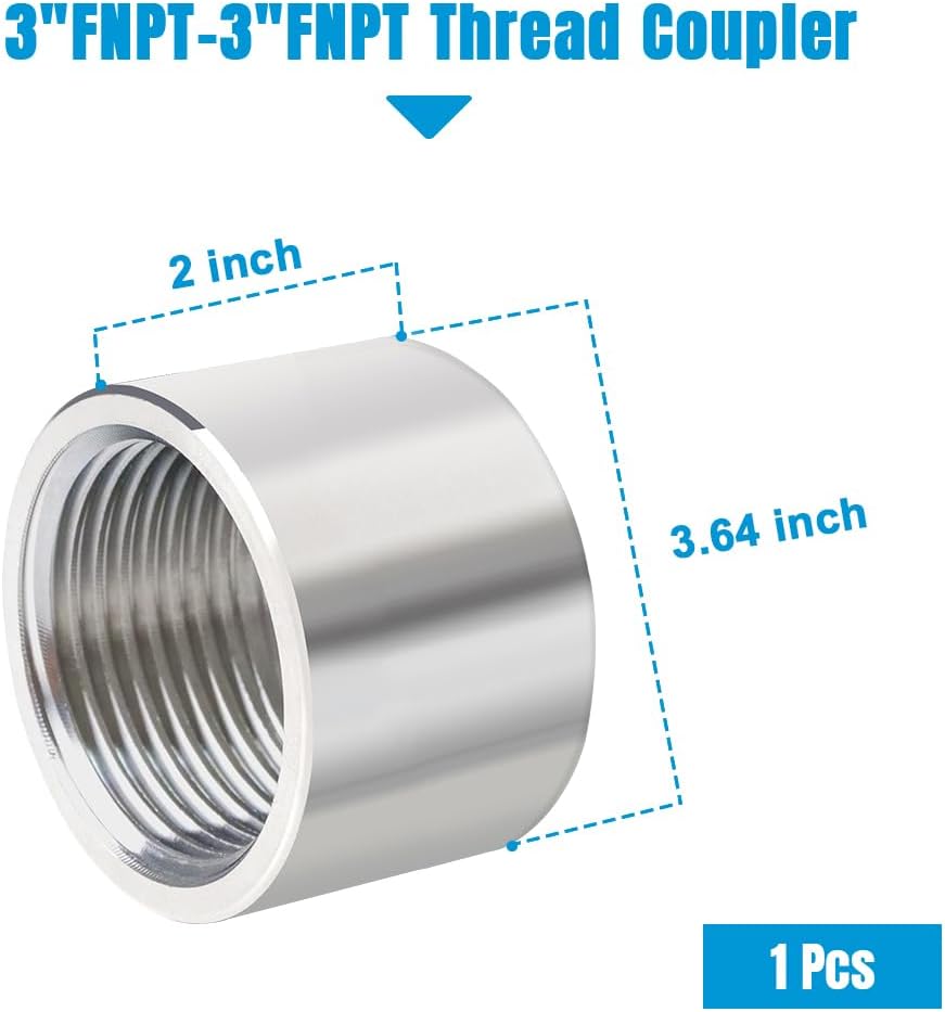 Quickun 304 Stainless Steel Pipe Coupling Fitting, 3" x 3" Female Pipe Coupler Connector Adapter Fitting (2" Length)