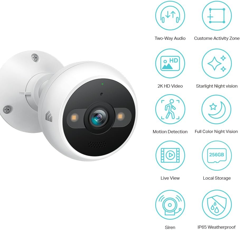 Kasa 2K+ Outdoor Wired Security Camera - Person/Motion Detection, 24/7 Recording, 2-Way Audio, Siren, Starlight Color