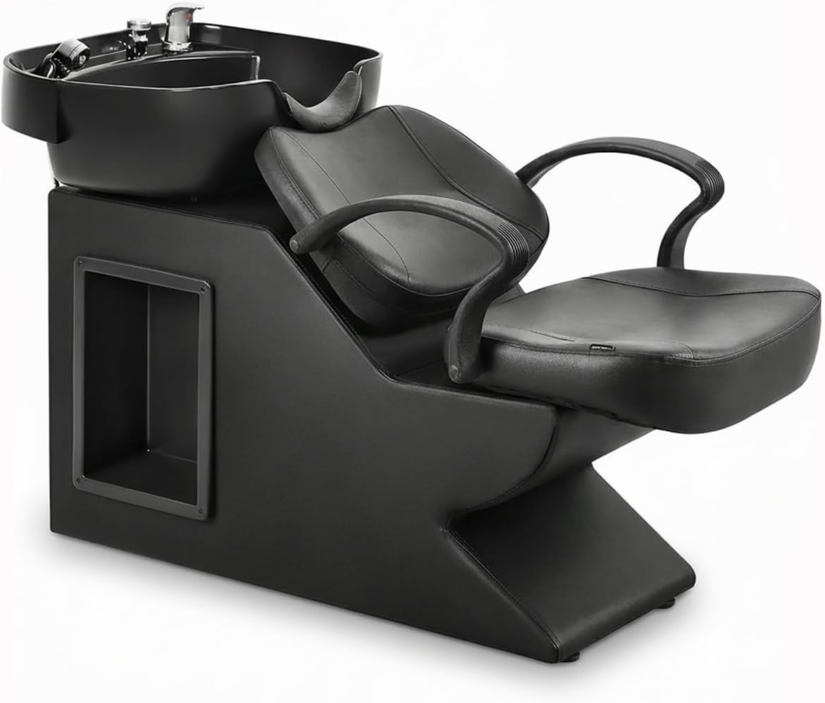 Shampoo Bowl Chair Set, Salon Shampoo Sink Chair | 7.87'' ABS Basin | Neck Rest | PU Leather | 450lbs Capacity | Side
