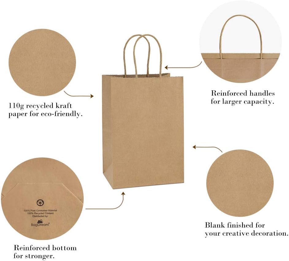 Gift Bags with Handles 5.25x3x8 Inch Small Brown 100 Pack Bulk