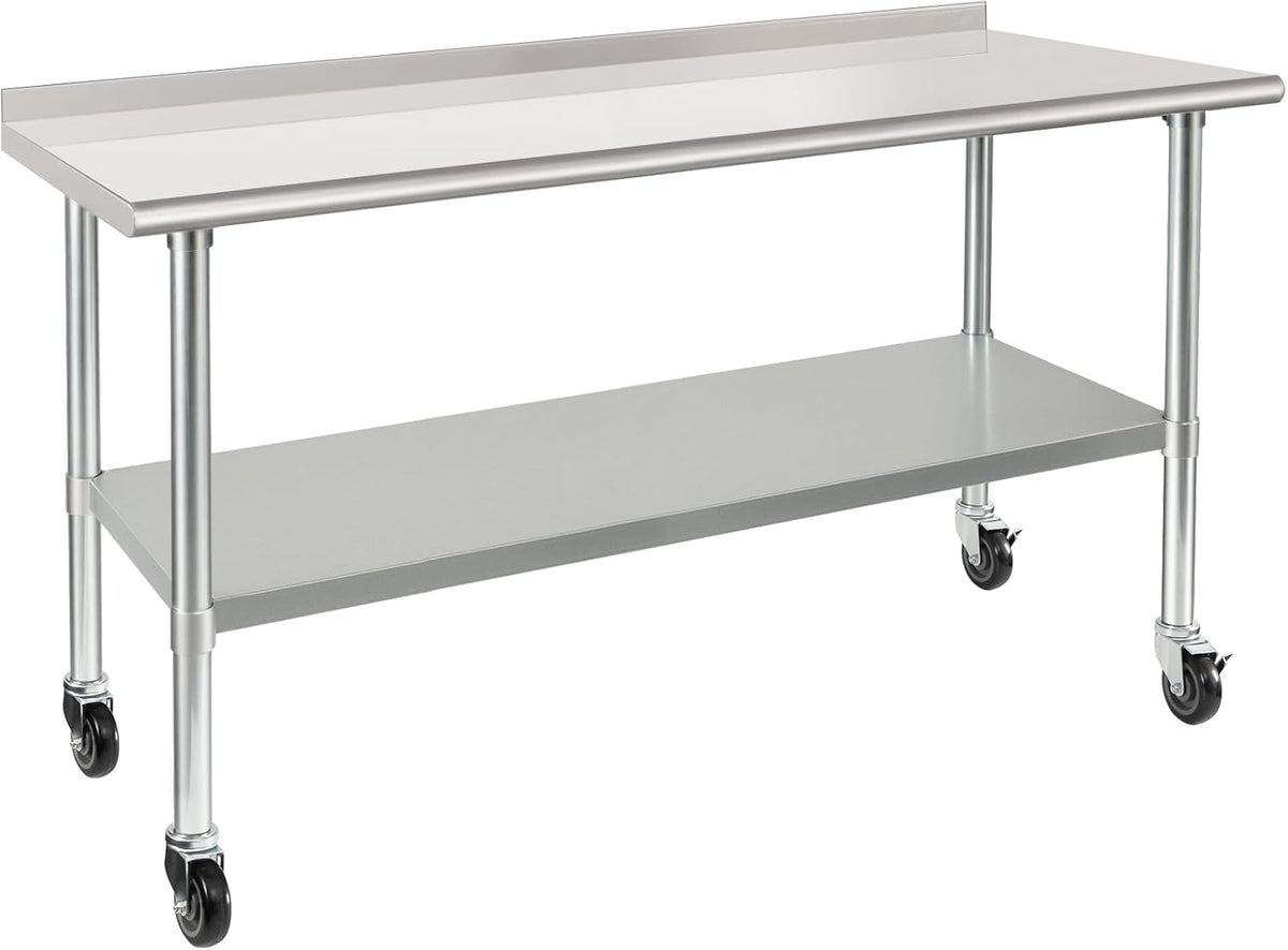 HARDURA Stainless Steel Table with Wheels 24X60 Inches, 2" Backsplash