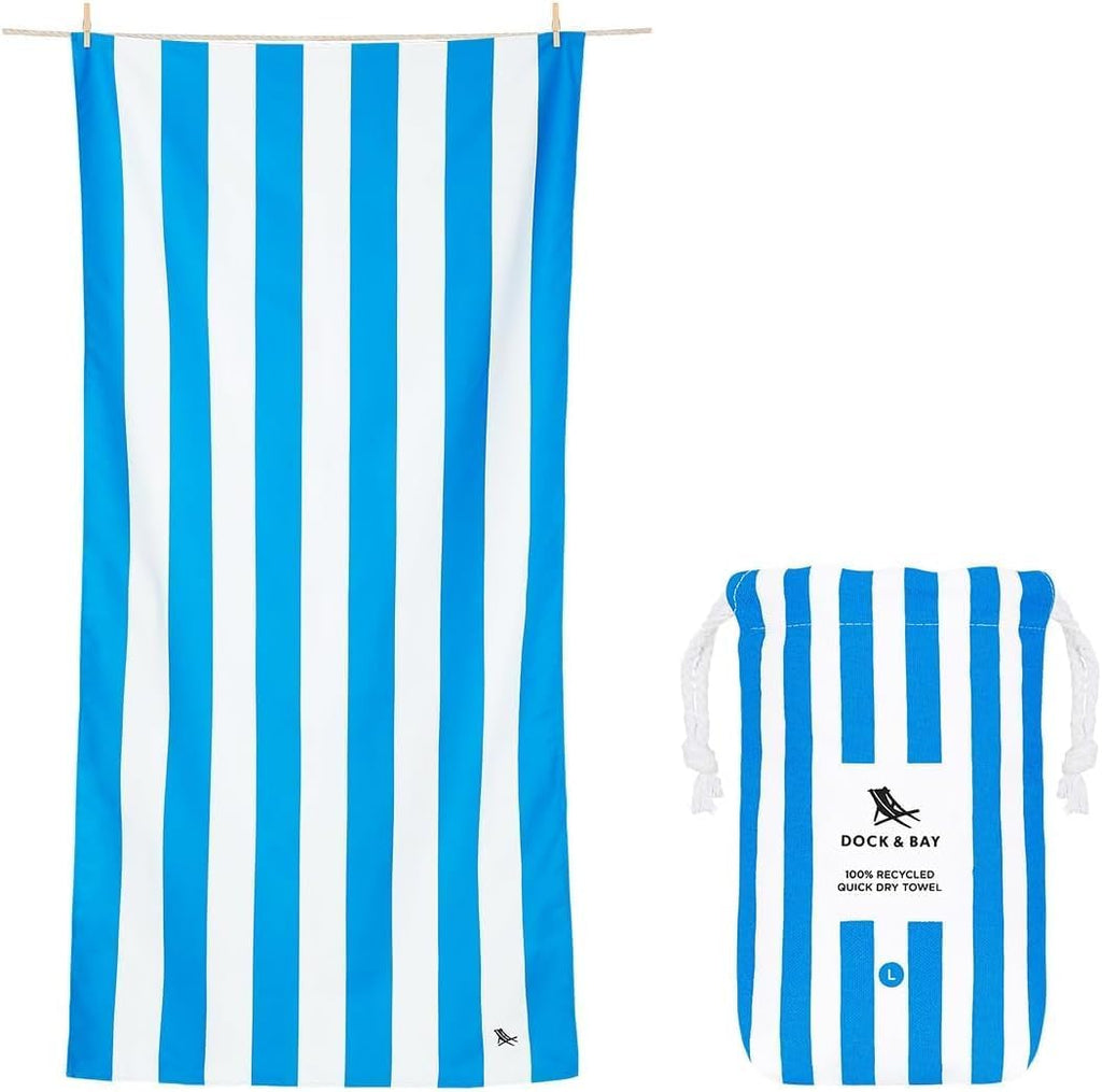 Beach Towel - Quick Dry, Sand Free - Compact, Lightweight - 100% Recycled - Includes Bag - Cabana - Blue - Large