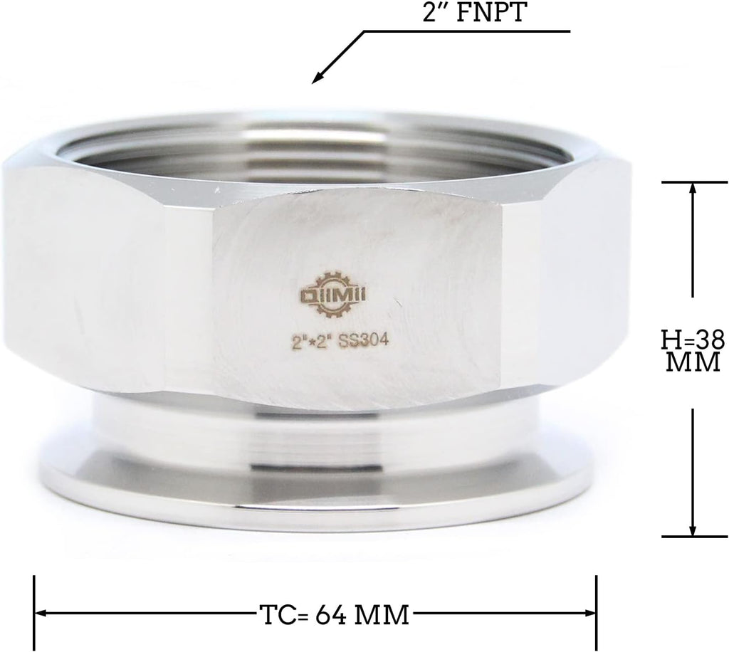 QiiMii 2" Tri clamp Adapter to 2" FNPT Thread Ferrule Hexagonal Sanitary Pipe Fitting
