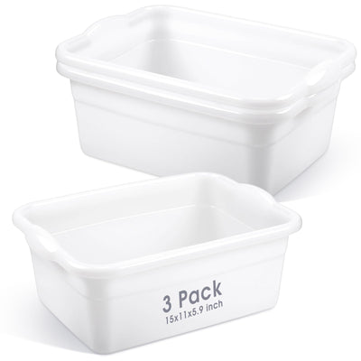 3 Pack Dish Pans for Kitchen Sink, 12 Quart Plastic Wash Basins Tub and Foot Bath for Soaking Feet, Rectangular White