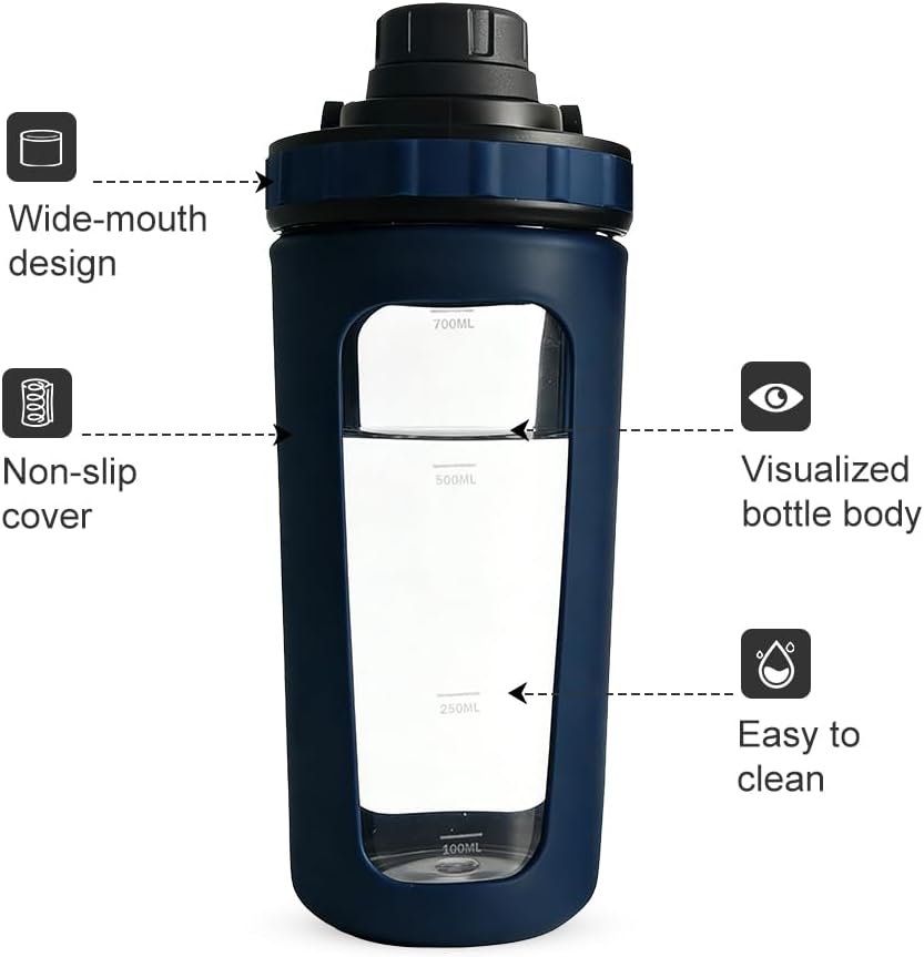 BYLWORKOUT 26 oz Glass Shaker Bottle with Silicone Sleeve and Mixing Ball