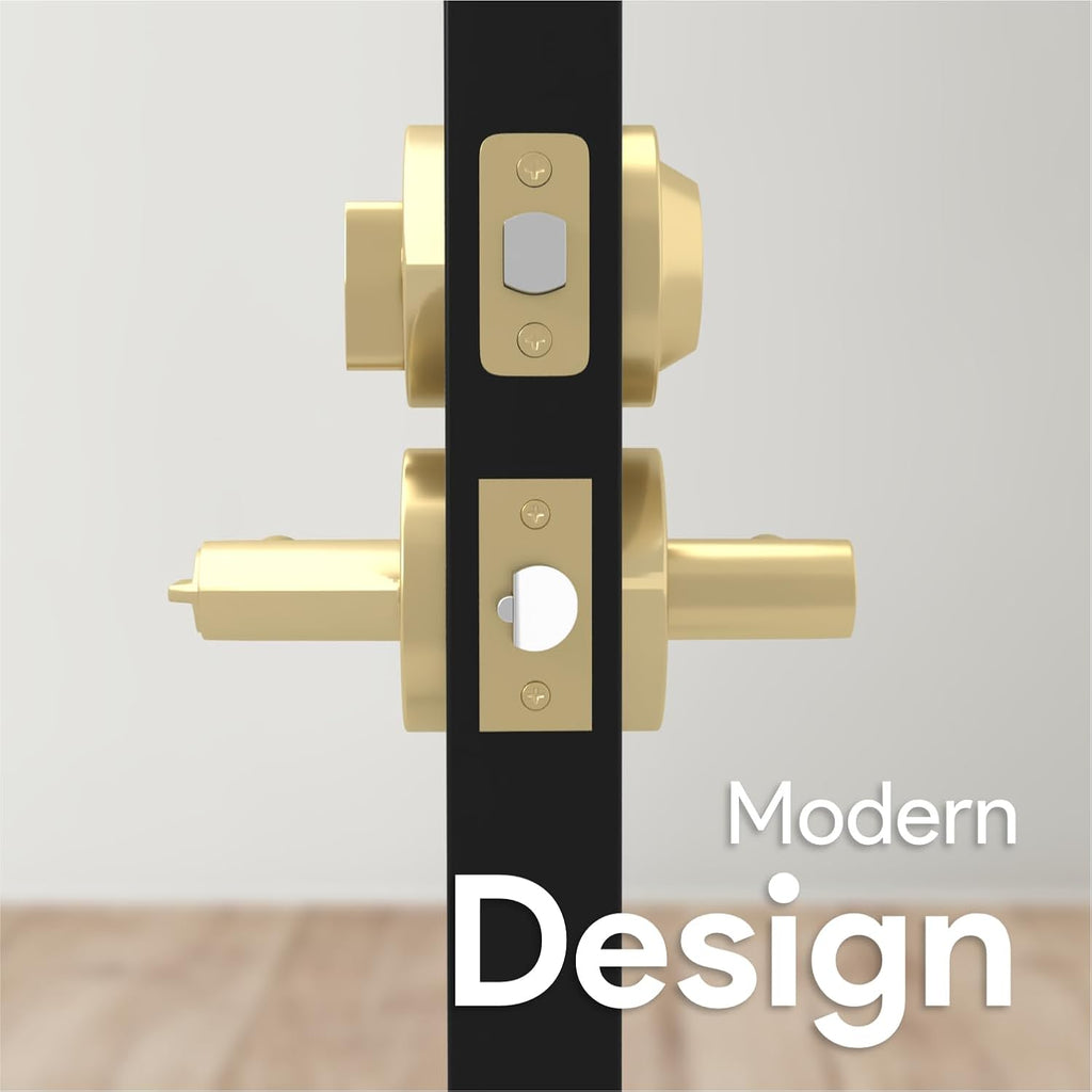 Ronn Entry Combo (1 Pack), Door Handle with Lock, Satin Brass | Satin Brass, Entry Combo Door Handle, Deadbolt Lock